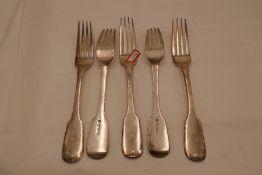 A set of five heavy Georgian Irish forks, with initial inscribed, hallmarked Dublin 1830. 12.38 ozt