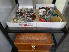 Two boxes of mixed costume jewellery, including necklaces, brooches, compacts, etc and jewellery box