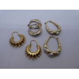 Three pairs of 9ct yellow gold Creole earrings, all marked 375, 5g approx. Gold content value estima