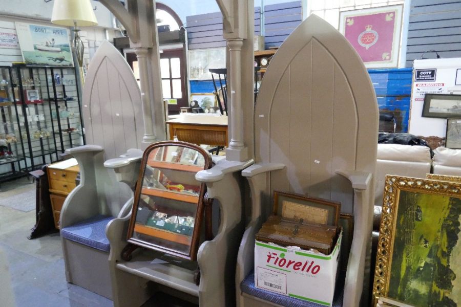 Three Church style seats, one having decorated cover - Image 4 of 6