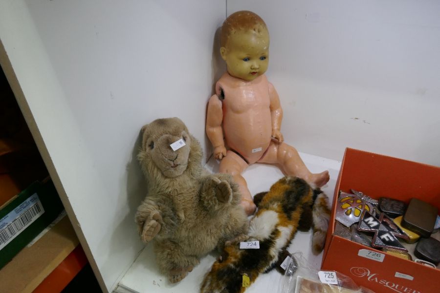 A selection of Steiff animals and vintage bisque headed doll