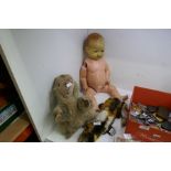 A selection of Steiff animals and vintage bisque headed doll
