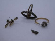 9ct and platinum gold ring, AF, stones removed, 2.1g approx and AF yellow metal example and a part o