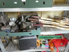 A tray of mixed metalware to include car lamps and mirrors, and 4 vintage tennis rackets