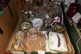A box of mixed ceramics and glassware, mostly decanters