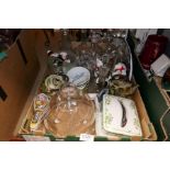 A box of mixed ceramics and glassware, mostly decanters