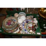 Box containing antique teaware, collectors plates, trinket pots, vintage scales, etc