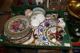 Box containing antique teaware, collectors plates, trinket pots, vintage scales, etc