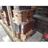 Three old wooden trunks, one tin lined and other various cases and crates