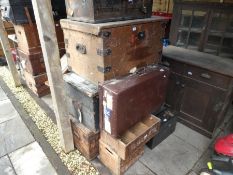 Three old wooden trunks, one tin lined and other various cases and crates