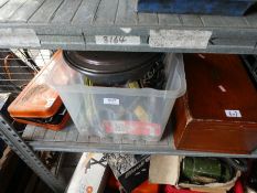 A shelf of sundry to include tools, scales and old coggs