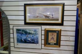 Framed and glazed pictures, one Concorde and one Juan Pablo Montoya at Monaco 2003 + one other (3)