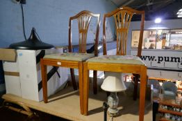 A pair of mahogany chairs, a reproduction 4 drawer chest and 2 tables