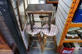 A pair of wooden stools with swivel tops, etc