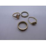 18ct yellow gold diamond set ring AF, two 9ct yellow gold rings one set opal and unmarked yellow met