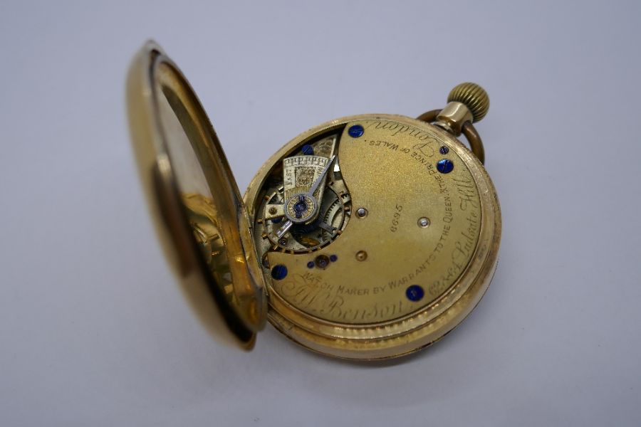 Antique JW Benson 18ct yellow gold pocket watch, with plated dust cover, winds and ticks, outer-case - Image 7 of 8