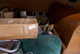 A mixed sporting lot including shooting stick, golf clubs, sewing machine, etc