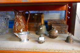 A selection of various small collectable including carved wooden boxes, brass school bells etc and a