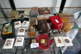 A selection of miniature boxes, stamp holders, some being embossed with crests and decorations