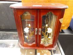 Mirrored jewellery box and contents to include two medallions, watch, rings, etc, two pairs of 9ct g