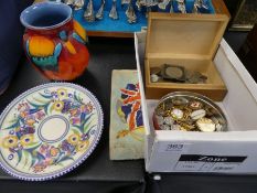 Coins, badges, two watches, two Poole pottery items and sundry