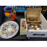 Coins, badges, two watches, two Poole pottery items and sundry