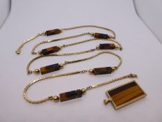 9ct gold necklace inset with 8 cuboid Tiger's Eye spacers marked 375, 90cm with similar 9ct gold mou