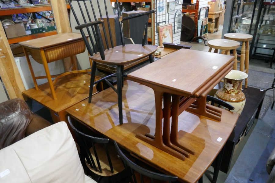 A Parker Knoll teak corner unit, a nest of teak coffee tables, a table and chairs and one other item - Image 2 of 6