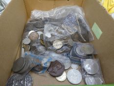 A tray of mixed coinage, mainly copper