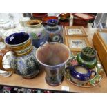 A quantity of Doulton stoneware vases and jugs, two framed Mintons tiles and sundry