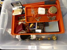 Tray of mixed costume jewellery etc, including watches, Coral necklace, Moonstone brooch, white and