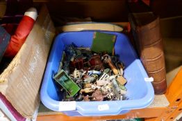 A selection of metal farm figures, model boats, metal drum, lighters, toy cars, etc and a cased viol