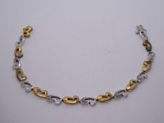 9ct two tone bracelet each white gold link set with diamond chips, 19cm, marked 375, 8g approx