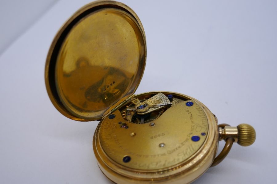 Antique JW Benson 18ct yellow gold pocket watch, with plated dust cover, winds and ticks, outer-case - Image 8 of 8