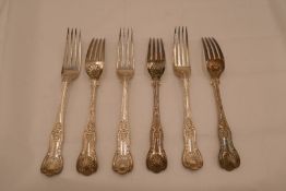 A set of six Victorian heavy Kings pattern silver forks, hallmarked London 1892, John Aldwinckle and