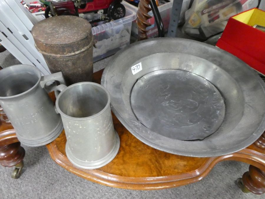 Quantity of antique pewter chargers and tankards and a small brass canon - Image 4 of 5