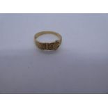 9ct yellow gold buckle ring, marked 375, size N, 2g approx. Gold content value estimate given at tim