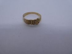9ct yellow gold buckle ring, marked 375, size N, 2g approx. Gold content value estimate given at tim