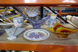 A selection of Poole pottery, Sylvac pottery and two pieces of Murano style art glass dishes