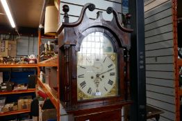 A longcase clock with painted dial of sailboats, including pendulum and weights