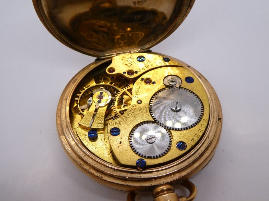 Antique 9ct yellow gold pocket watch with gold case and dust cover, case marked 91273, winds and tic - Image 4 of 5