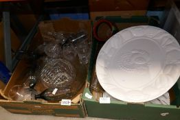 Two boxes, mostly glassware including Art glass vase, white matt Portmeirion jug, Studio pottery vas