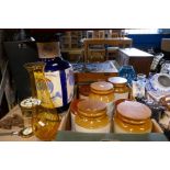 Three boxes of mixed ceramics and glassware including stoneware jars, Wade Brambleware, silver plate