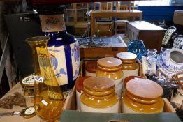 Three boxes of mixed ceramics and glassware including stoneware jars, Wade Brambleware, silver plate