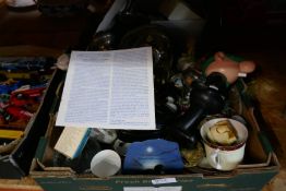 A box of mixed ceramics and collectables including brassware, China, mantle clocks, etc