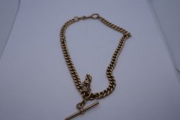 Antique rose gold pocket watch chain with T bar, 39cm, marked 9ct to each link, 29.2g approx