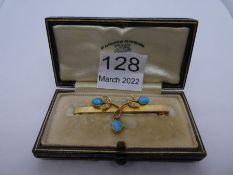 Antique 15ct yellow gold bar brooch with applied floral design, set seed pearls and turquoise, m