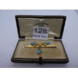 Antique 15ct yellow gold bar brooch with applied floral design, set seed pearls and turquoise, m