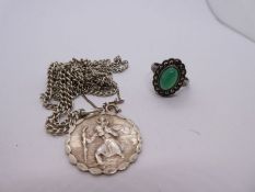 Silver St Christopher on chain, silver hardstone and paste set dress ring and two other white metal
