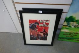 Two framed pictures one Godzilla, the other 'The Attack of the 50 ft woman'